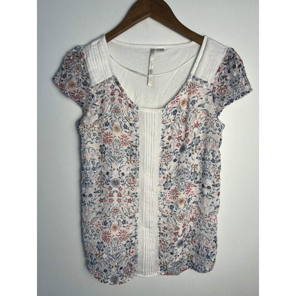 Sm‎ Lauren Conrad Floral Pintuck Short Sleeve Blouse Boho Chic Cottage Feminine